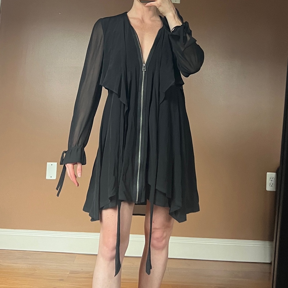All Saints Black Plunge Neck Bishop Sleeve Sundress